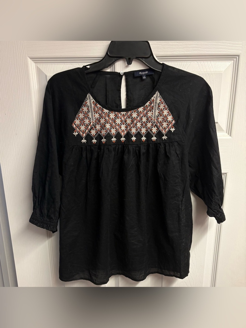 Madewell Starflower Shirred Peasant Blouse W/ Embroidery Size Small